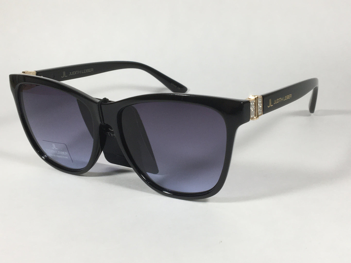 JL By Judith Leiber Peace Square Sunglasses Shiny Black Blue Gray Lens Gold Rhinestone Temples - Sunglasses