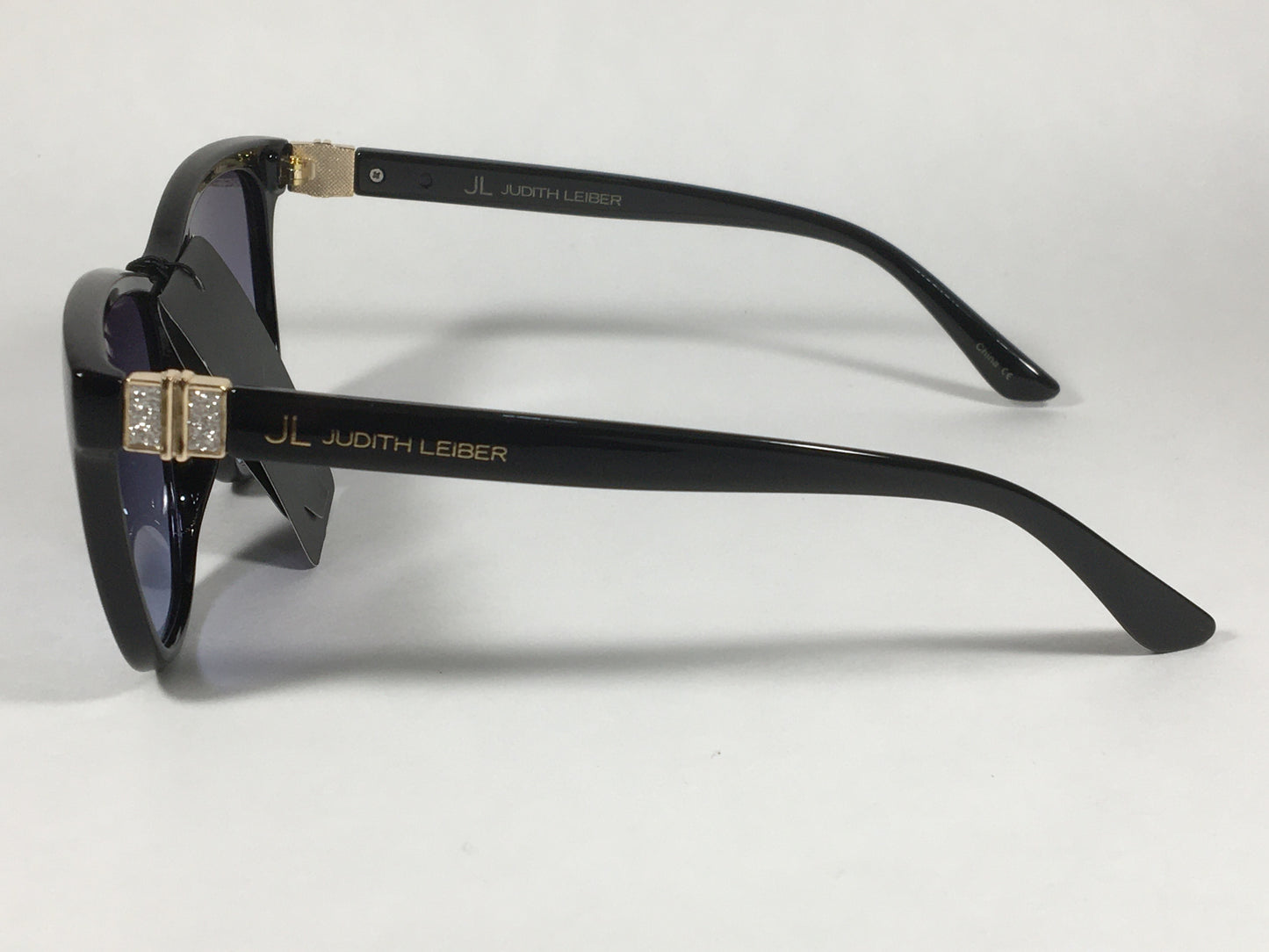 JL By Judith Leiber Peace Square Sunglasses Shiny Black Blue Gray Lens Gold Rhinestone Temples - Sunglasses