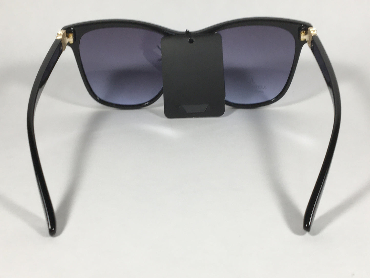 JL By Judith Leiber Peace Square Sunglasses Shiny Black Blue Gray Lens Gold Rhinestone Temples - Sunglasses