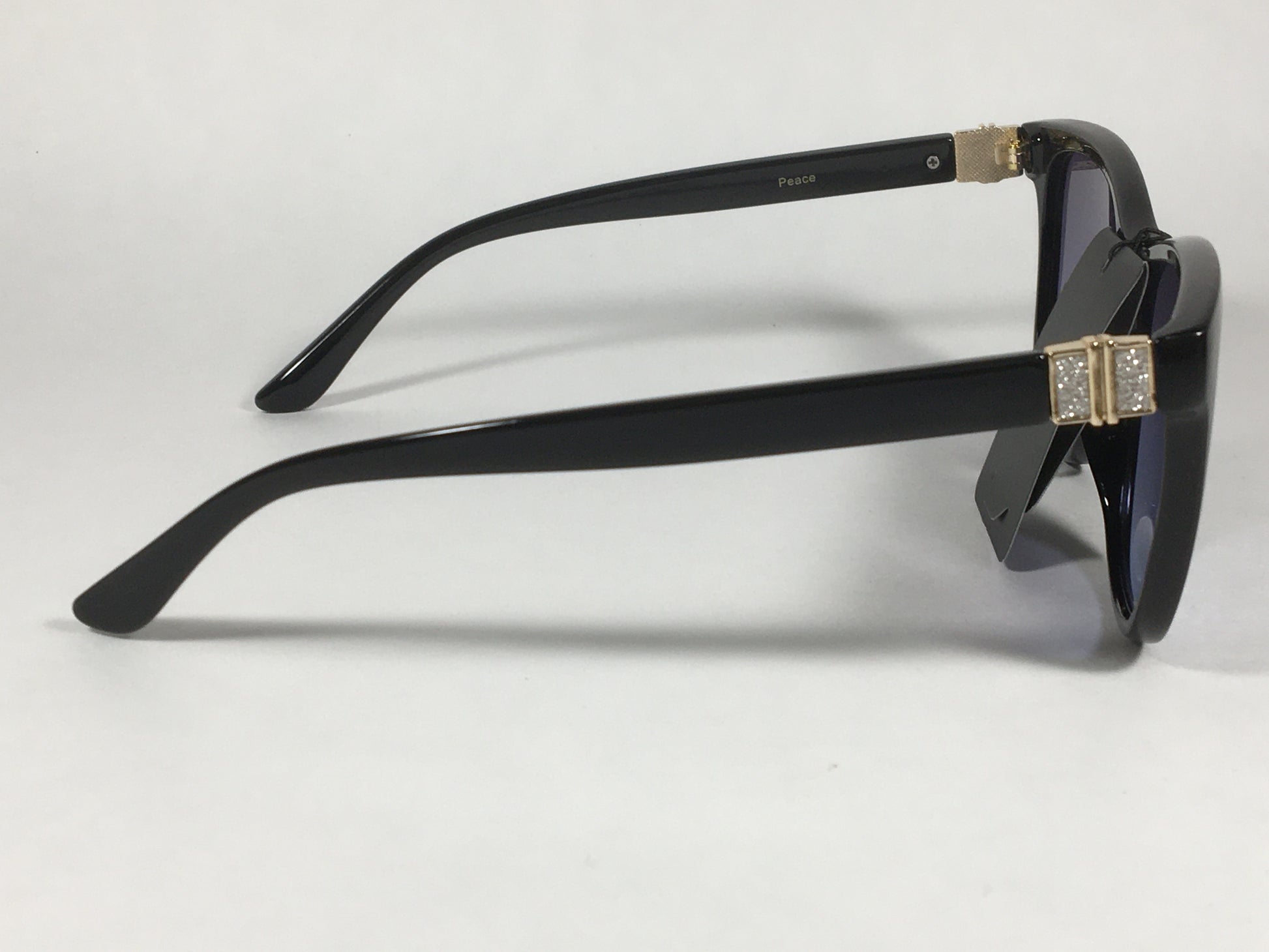 JL By Judith Leiber Peace Square Sunglasses Shiny Black Blue Gray Lens Gold Rhinestone Temples - Sunglasses