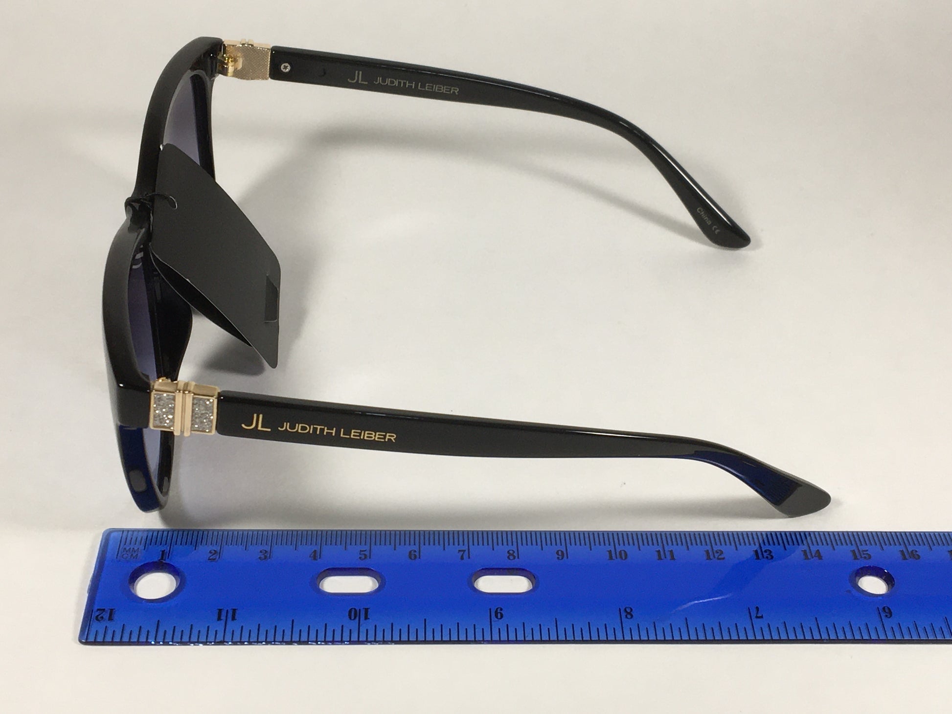 JL By Judith Leiber Peace Square Sunglasses Shiny Black Blue Gray Lens Gold Rhinestone Temples - Sunglasses