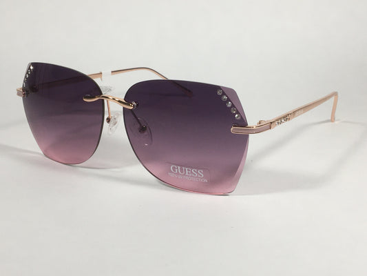 Guess Rimless Butterfly Sunglasses Rose Gold Metal Frame Pink Gradient Lens GF0384 28T - Sunglasses