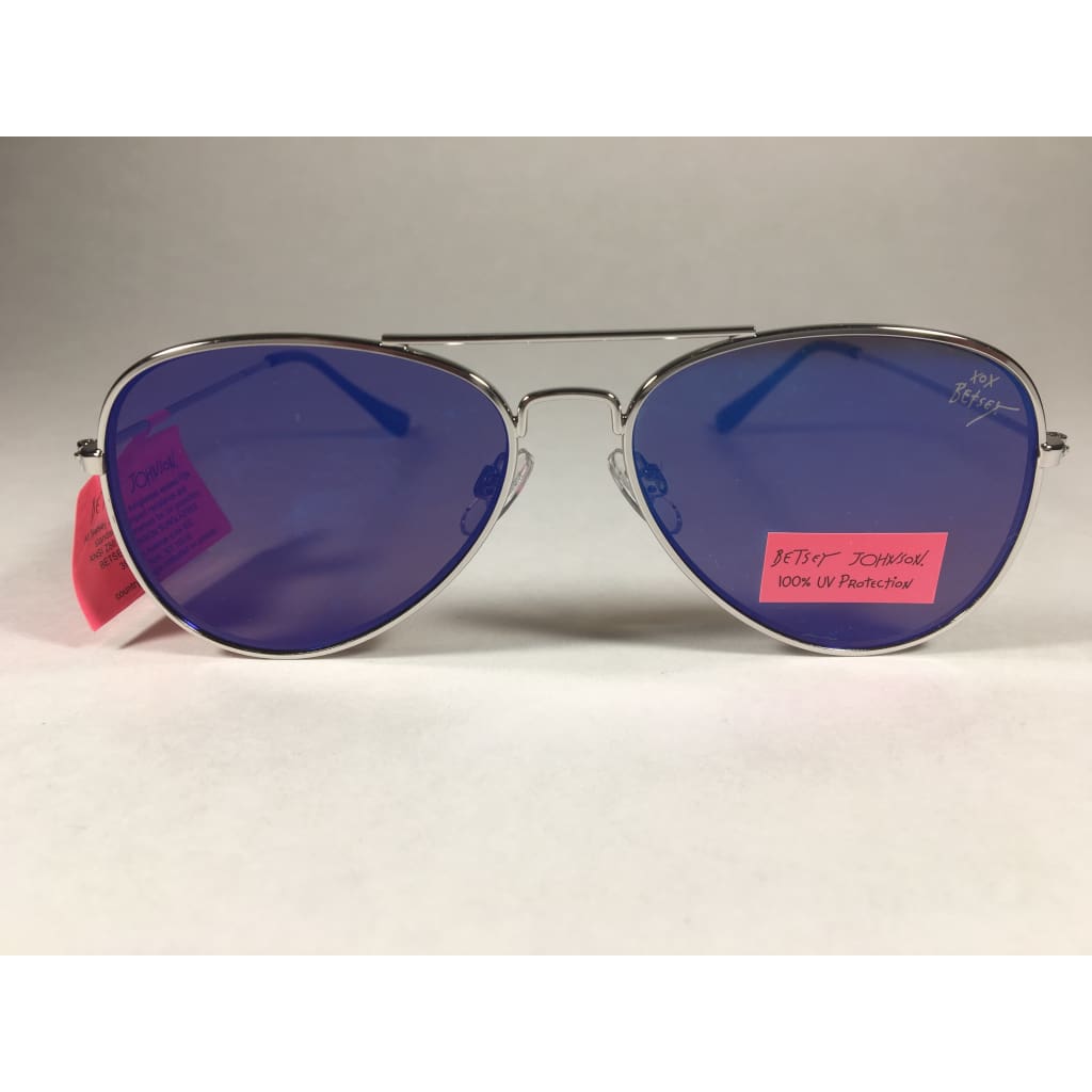 Betsey Johnson Flat Aviator Sunglasses Gray Metal Wire Blue Mirror Lens Bj462134 Blue - Sunglasses