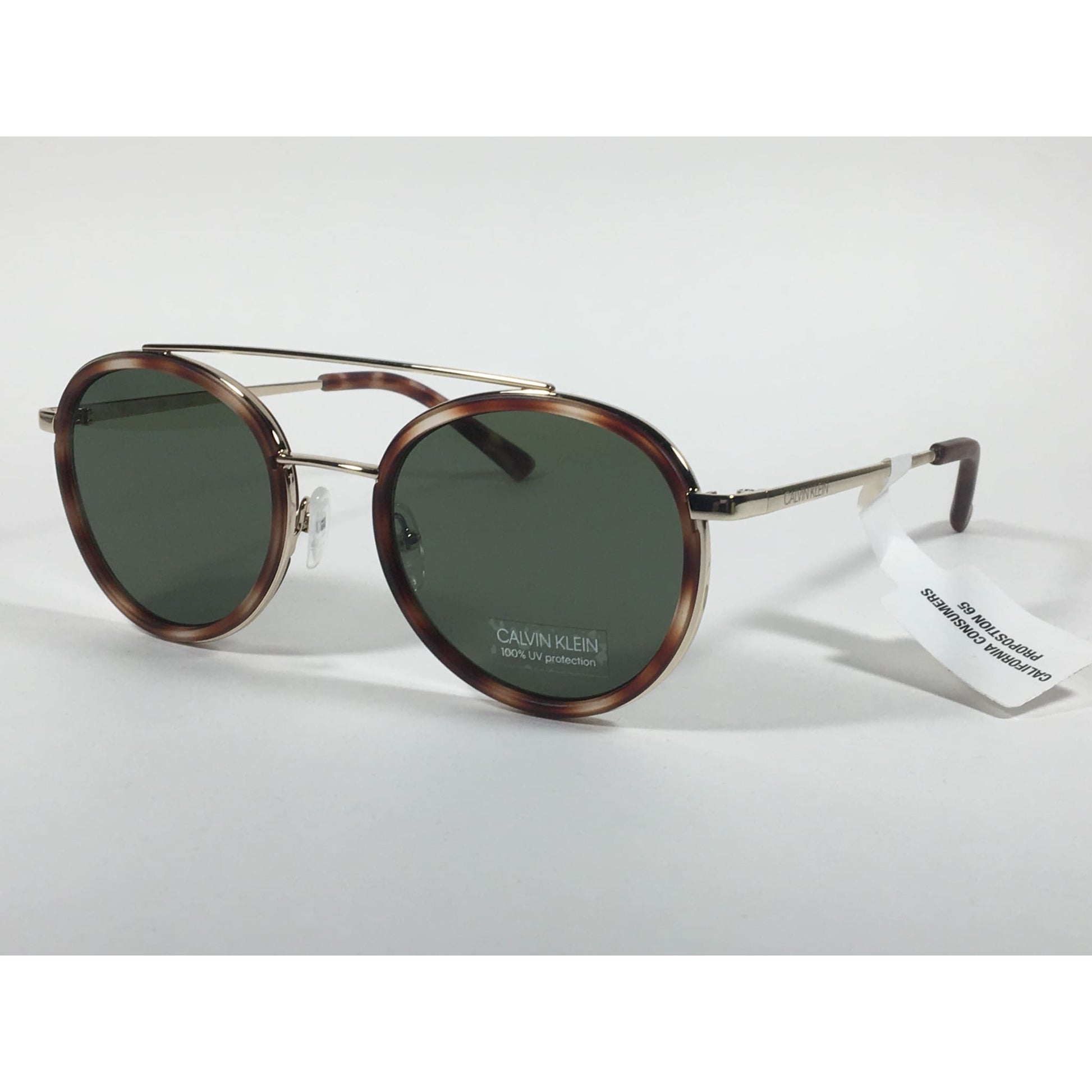 Calvin Klein CK19131S 240 Round Sunglasses Gold and Havana Green Lens - Sunglasses