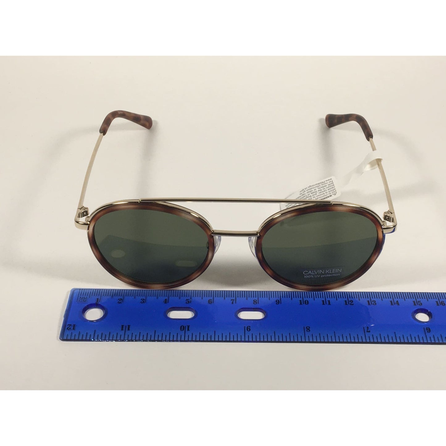 Calvin Klein CK19131S 240 Round Sunglasses Gold and Havana Green Lens - Sunglasses