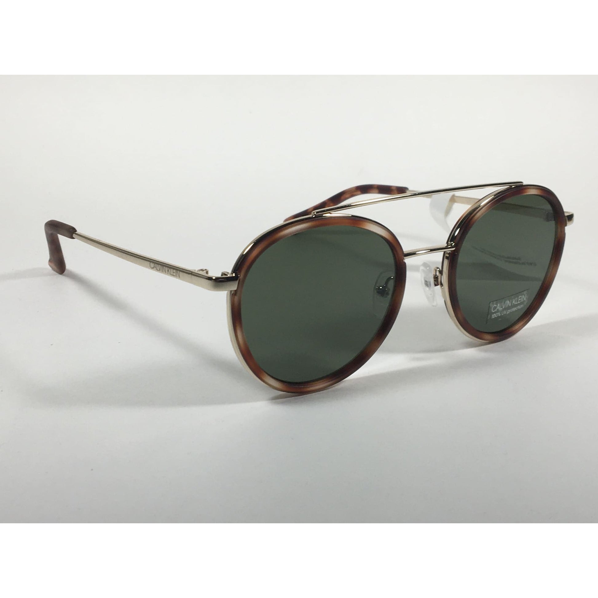 Calvin Klein CK19131S 240 Round Sunglasses Gold and Havana Green Lens - Sunglasses