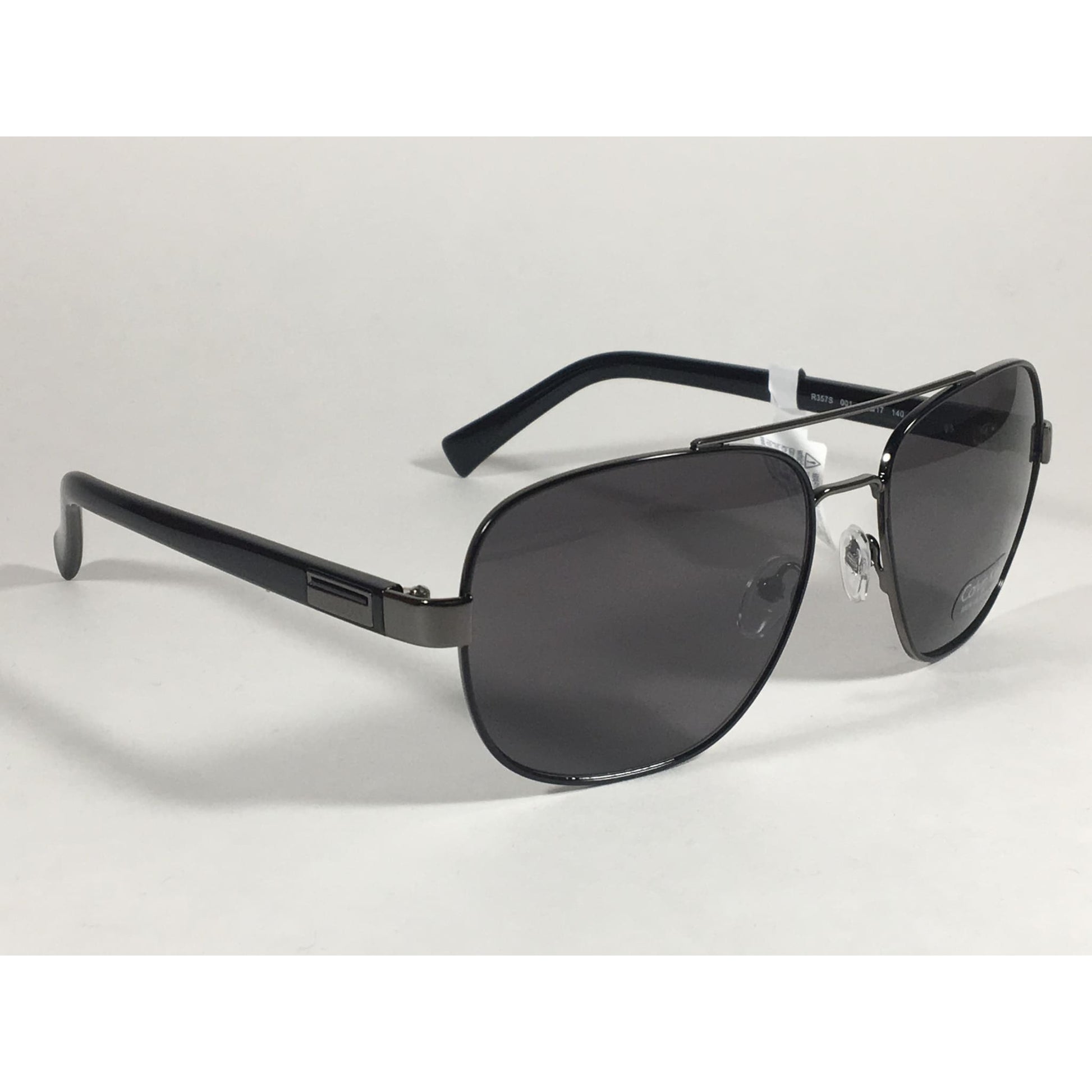 Calvin Klein R357S 001 Aviator Pilot Sunglasses Black Gloss and Gunmetal Gray Frame Gray Lens - Sunglasses