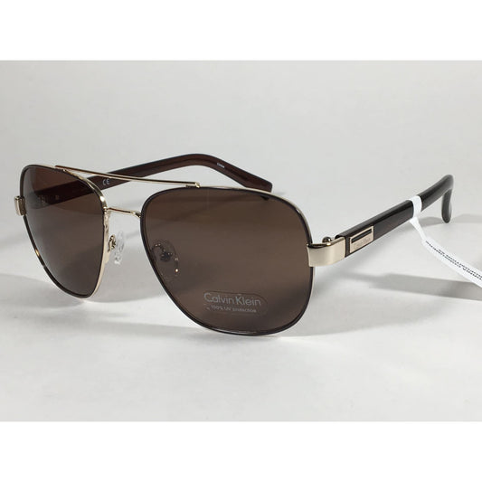 Calvin Klein R357S 210 Aviator Pilot Sunglasses Gold And Brown Frame With Brown Lens - Sunglasses