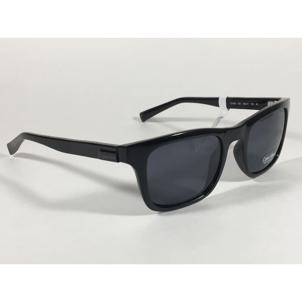 Calvin Klein R748S 001 Sleek Rectangle Sunglasses Black Gloss Gray Lens - Sunglasses