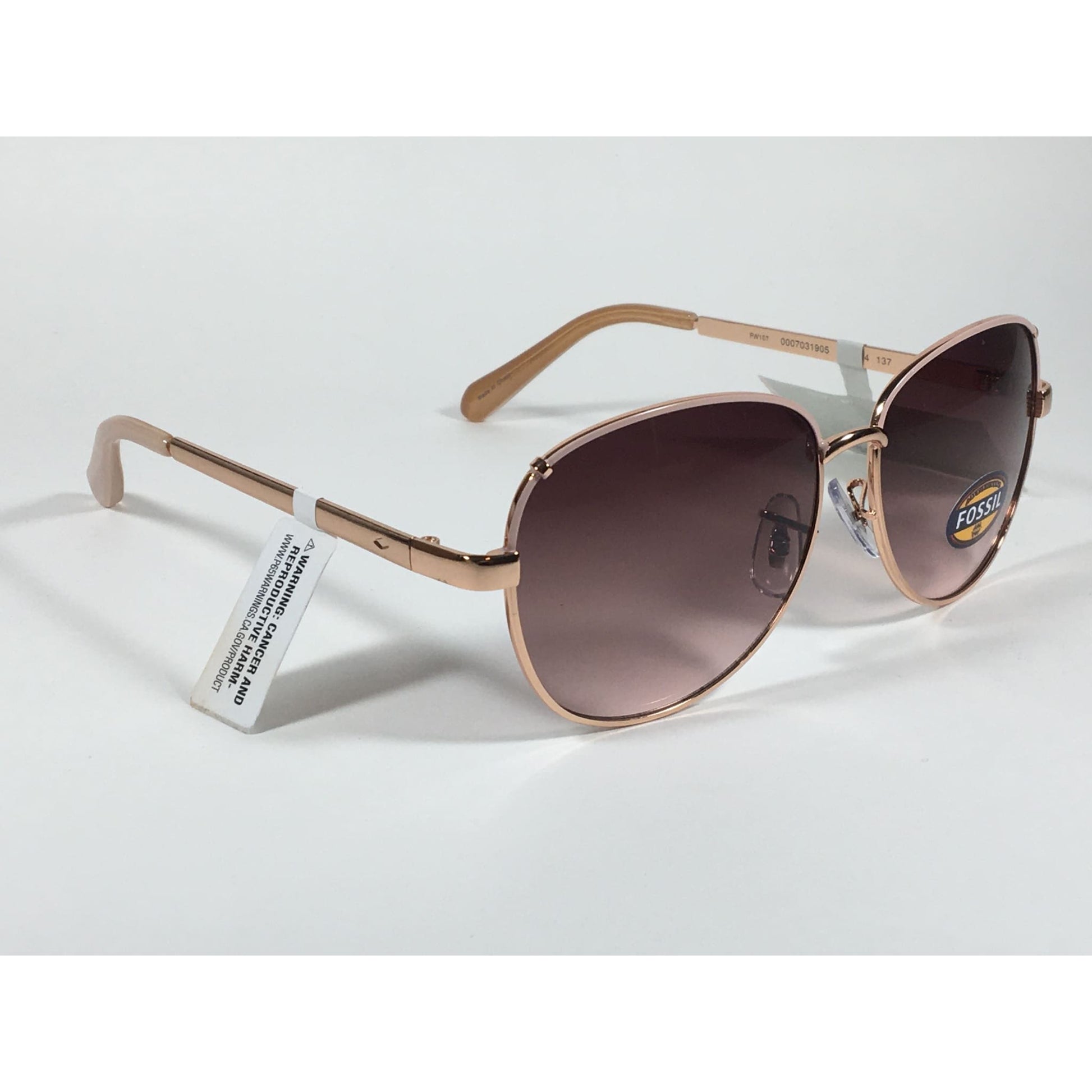 Fossil FW107 Aviator Sunglasses Rose Gold Metal Frame Brown Pink Gradient Lens - Sunglasses