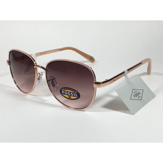 Fossil FW107 Aviator Sunglasses Rose Gold Metal Frame Brown Pink Gradient Lens - Sunglasses