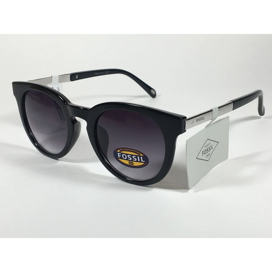 Fossil Round Keyhole Sunglasses FW109 Black Silver Frame Gray Gradient Lens - Sunglasses