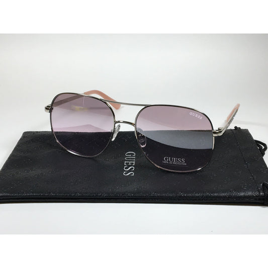 Guess Aviator Sunglasses Shiny Nickel Frame with Rhinestones Light Pink Lens GF6081 10Z - Sunglasses