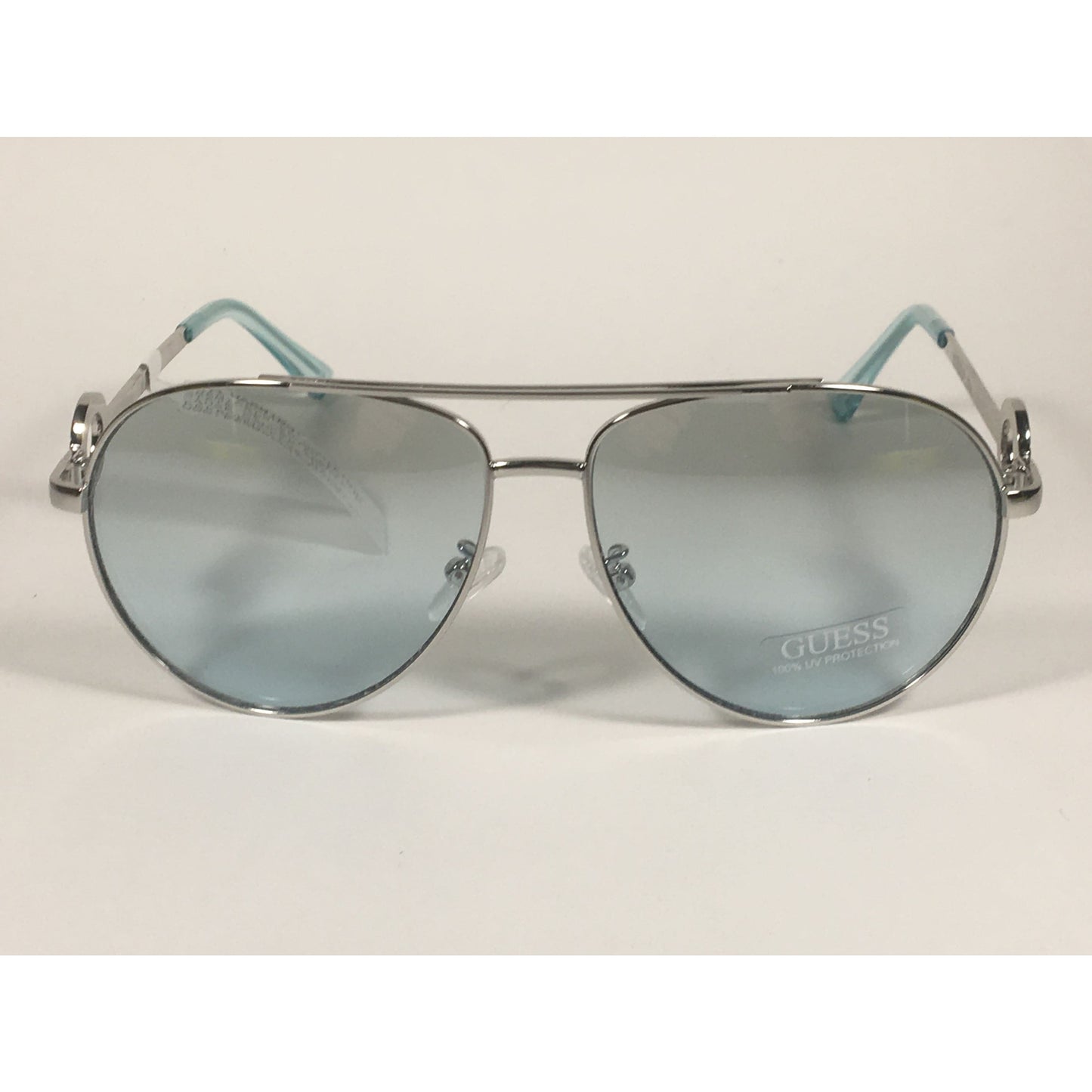 Guess Aviator Sunglasses Silver Metal Frame Light Blue Gradient Lens GF0364 10X - Sunglasses