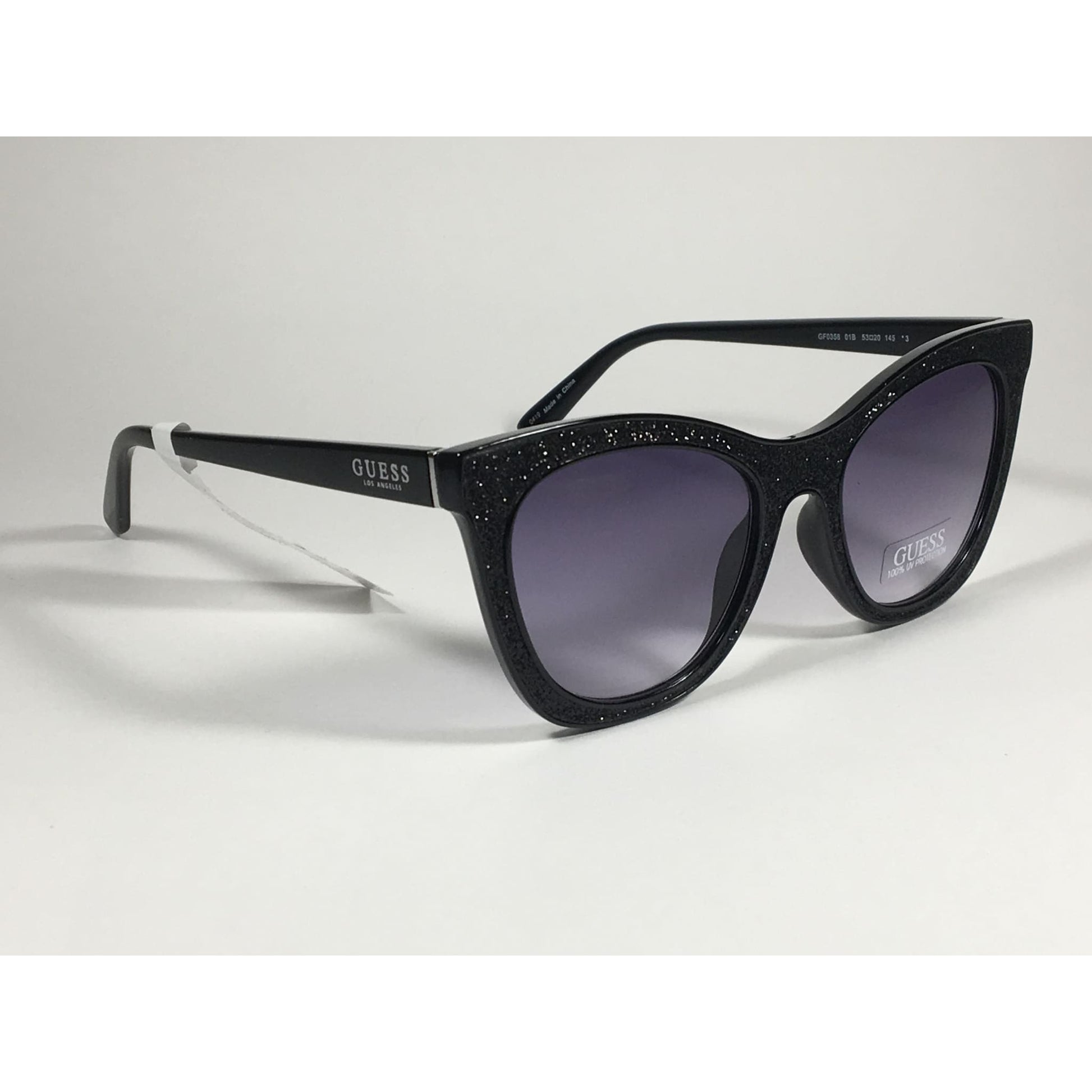 Guess Cat Eye Sunglasses Black Frame Black Glitter With Gray Purple Smoke Lens GF0358 01B - Sunglasses