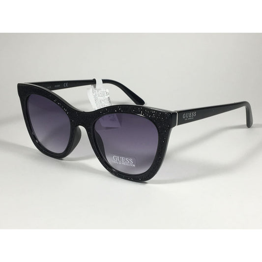 Guess Cat Eye Sunglasses Black Frame Black Glitter With Gray Purple Smoke Lens GF0358 01B - Sunglasses