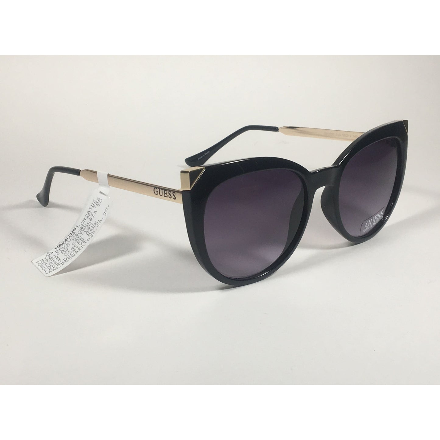 Guess Cat Eye Sunglasses Black Gloss Gold Accent Smoke Gradient Lens GF0359 01B - Sunglasses