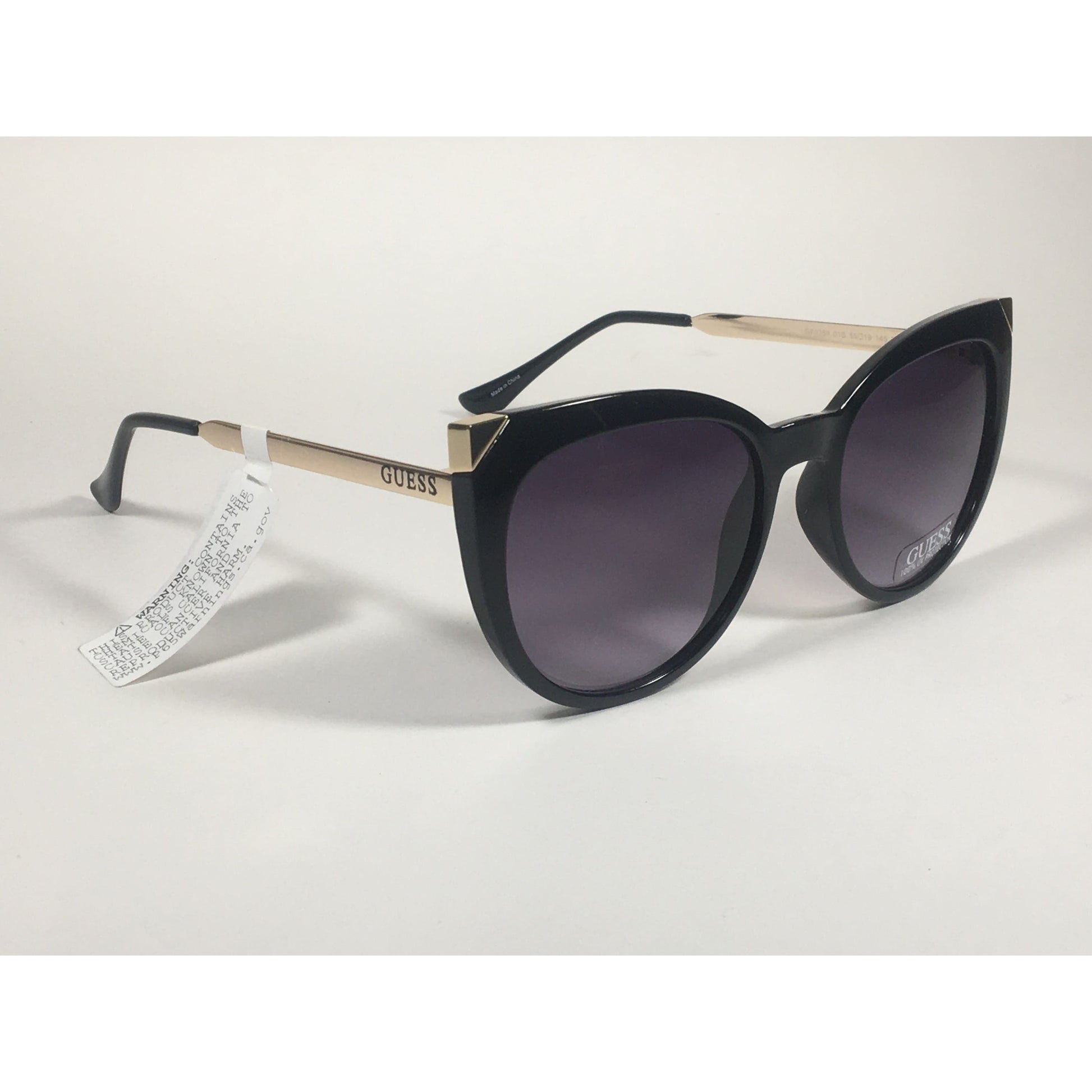 Guess Cat Eye Sunglasses Black Gloss Gold Accent Smoke Gradient Lens GF0359 01B - Sunglasses