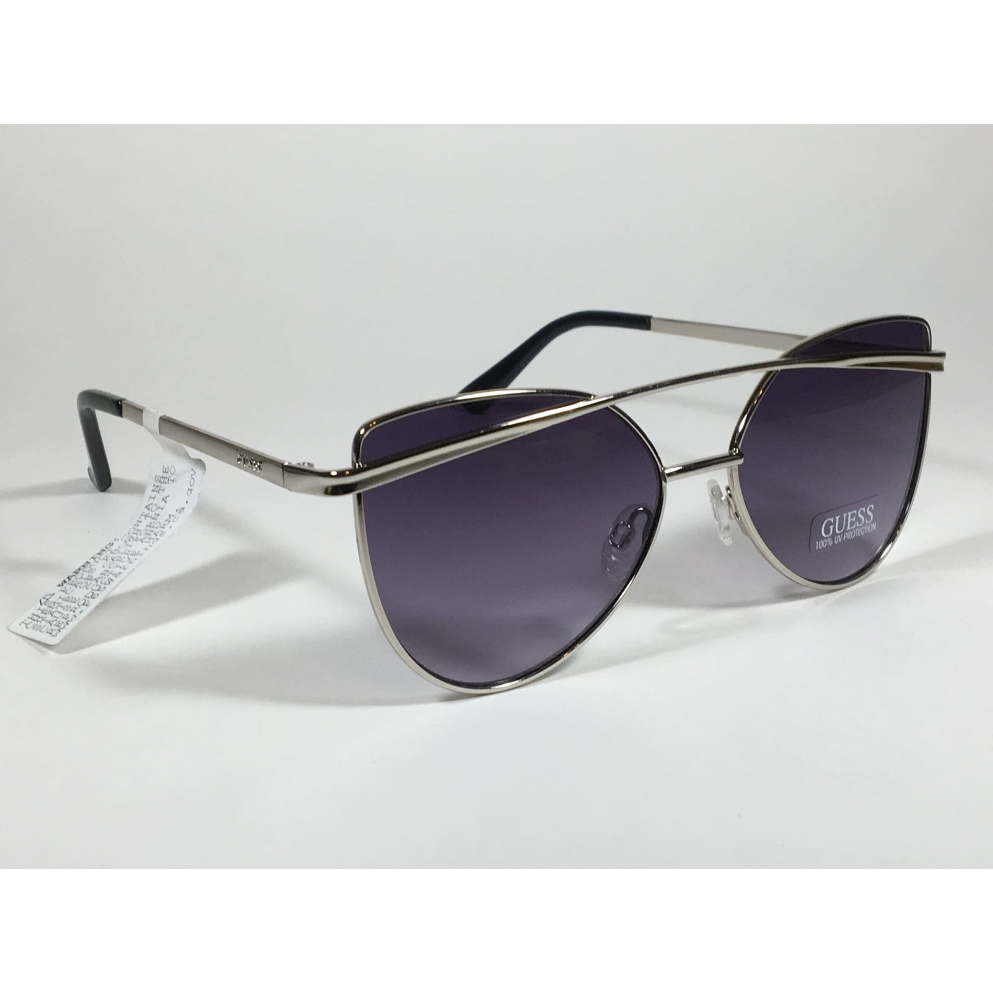 Guess Cat Eye Sunglasses Silver Metal Gray Purple Smoke Gradient Lens GF0332 108 - Sunglasses