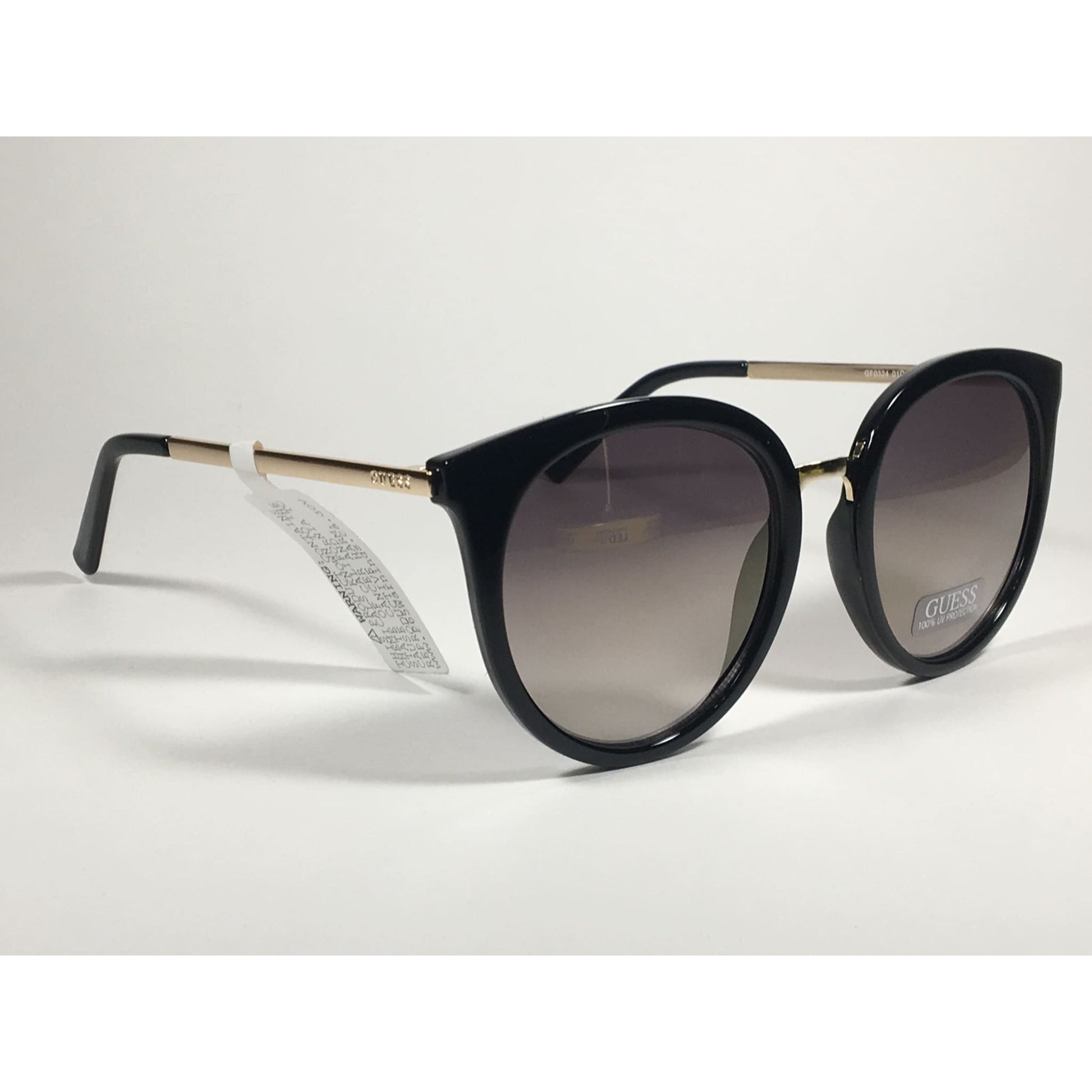 Guess Large Round Sunglasses Gold Tone Black Frame Brown Smoke Gradient Lens With Gold Flash GF0324 01C - Sunglasses