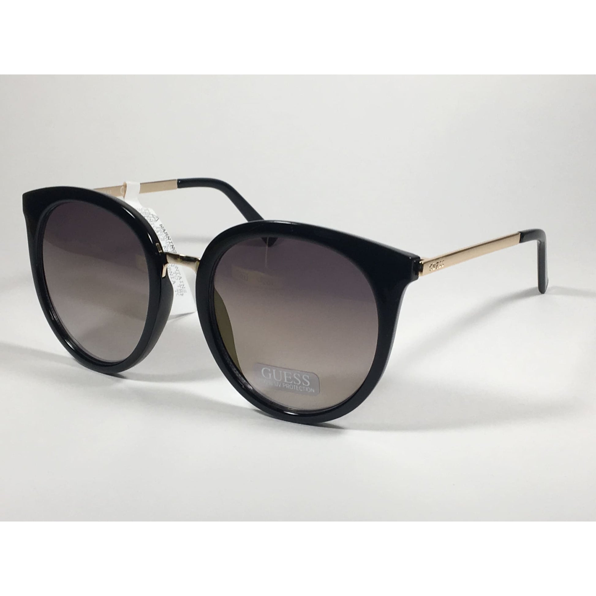 Guess Large Round Sunglasses Gold Tone Black Frame Brown Smoke Gradient Lens With Gold Flash GF0324 01C - Sunglasses