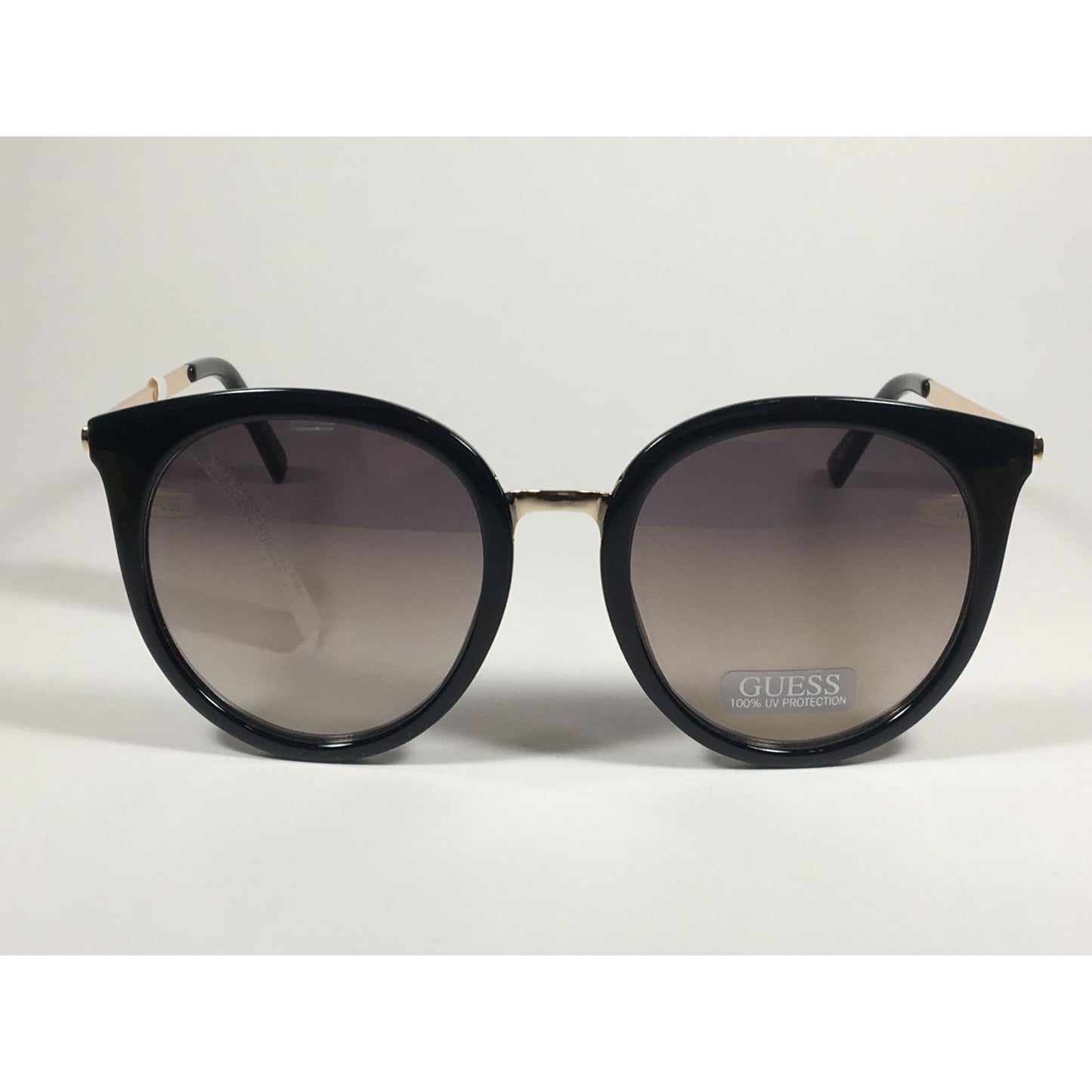 Guess Large Round Sunglasses Gold Tone Black Frame Brown Smoke Gradient Lens With Gold Flash GF0324 01C - Sunglasses