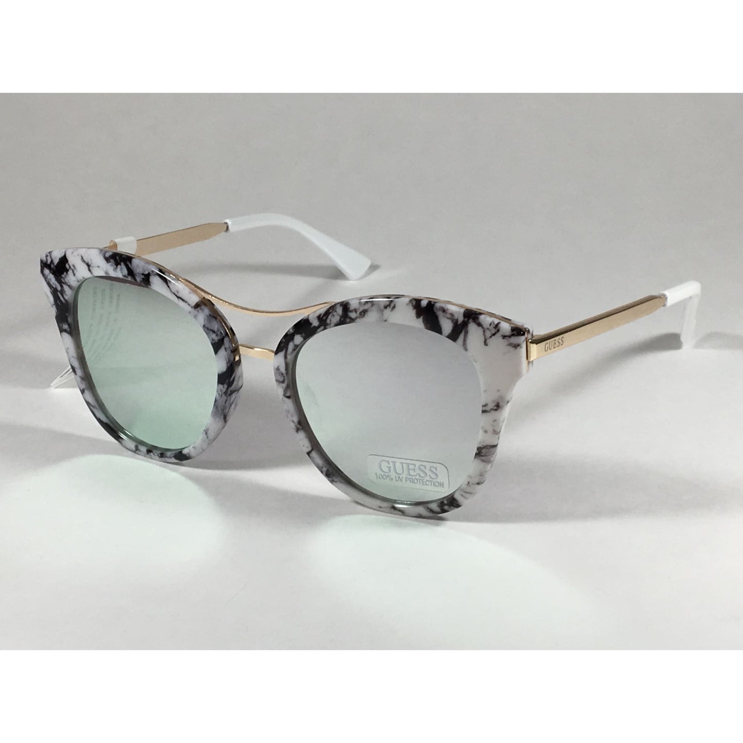 Guess Round Cat Eye Sunglasses Gf0304 56C Gold Metal Black White Marble Silver Mirror Lens - Sunglasses
