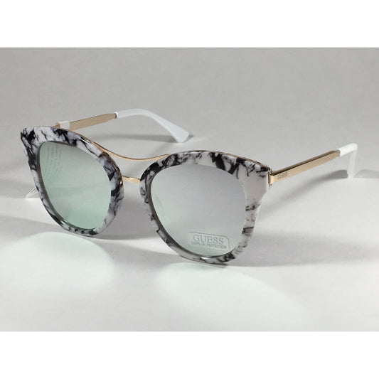 Guess Round Cat Eye Sunglasses Gf0304 56C Gold Metal Black White Marble Silver Mirror Lens - Sunglasses