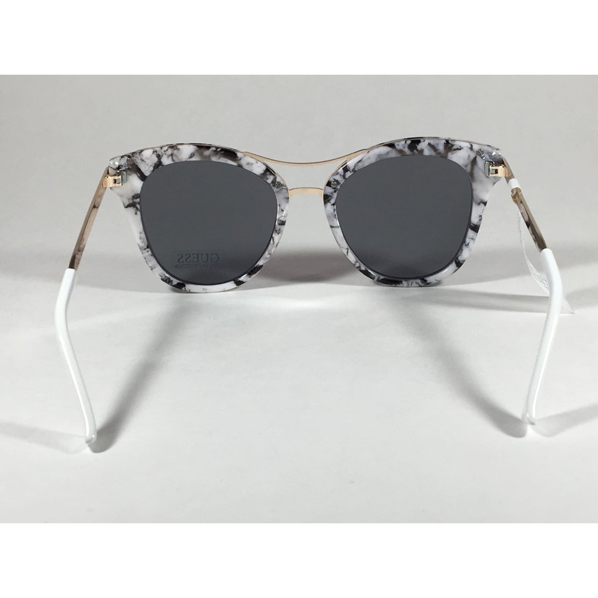 Guess Round Cat Eye Sunglasses Gf0304 56C Gold Metal Black White Marble Silver Mirror Lens - Sunglasses