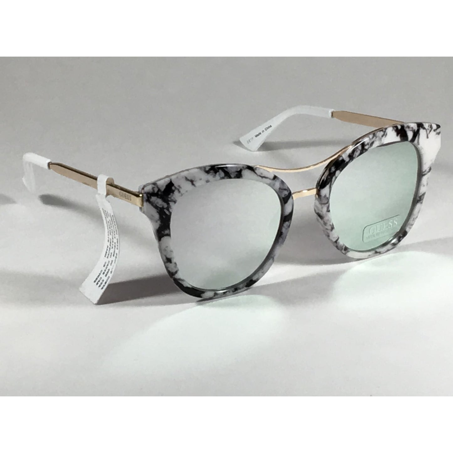 Guess Round Cat Eye Sunglasses Gf0304 56C Gold Metal Black White Marble Silver Mirror Lens - Sunglasses