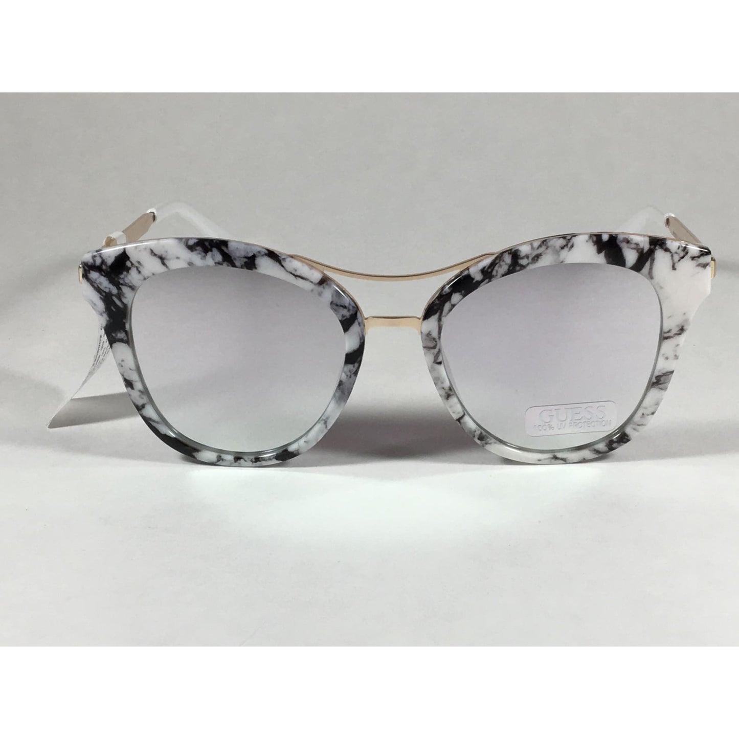 Guess Round Cat Eye Sunglasses Gf0304 56C Gold Metal Black White Marble Silver Mirror Lens - Sunglasses