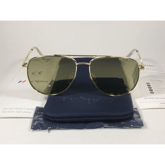 Le Specs Hard Knock Aviator Pilot Sunglasses Bright Gold Metal Frame Khaki Flash Green Lens LSP1802186 - Sunglasses