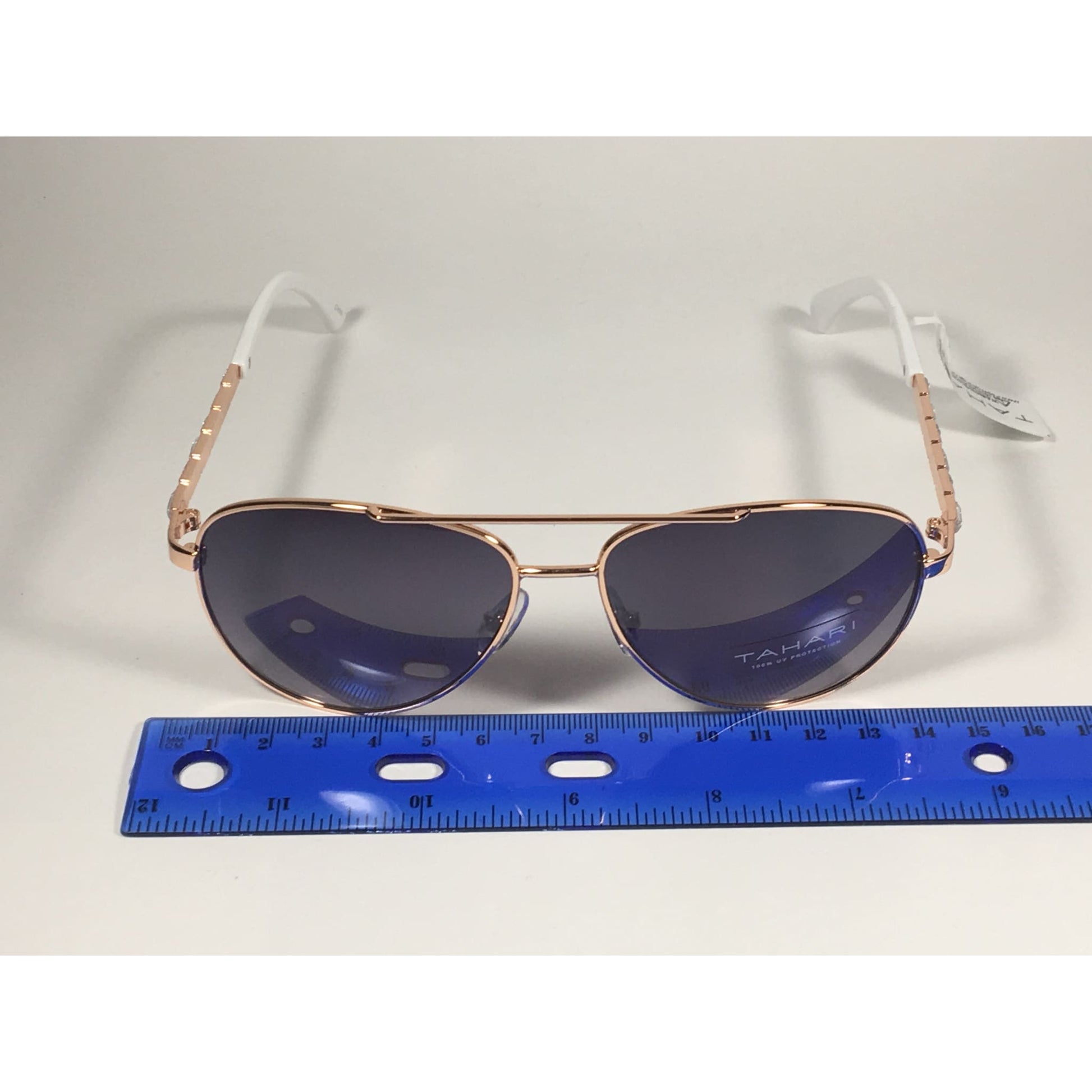 Tahari Aviator Pilot Sunglasses Rhinestone Jewels Rose Gold White Frame Smoke Gradient Lens TH737 RGDWH - Sunglasses