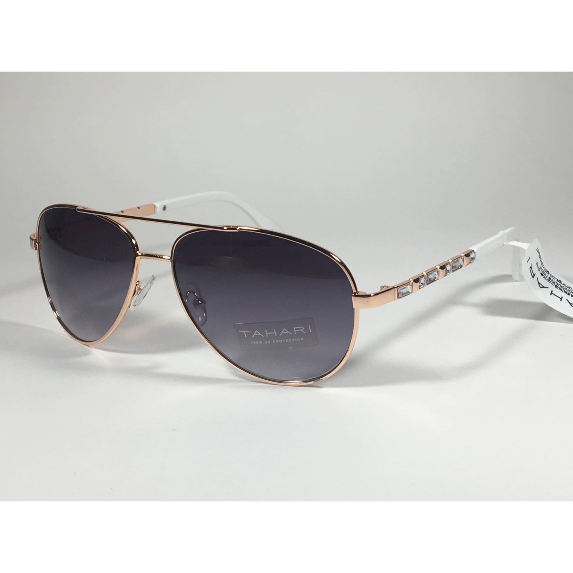 Tahari Aviator Pilot Sunglasses Rhinestone Jewels Rose Gold White Frame Smoke Gradient Lens TH737 RGDWH - Sunglasses