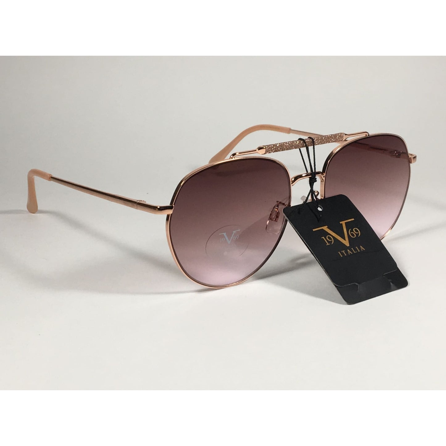 Versace 19V69 Italia Contessa Hexagonal Aviator Pilot Glitter Brow Bar Sunglasses Rose Gold Frame Brown Pink Gradient Lens - Sunglasses