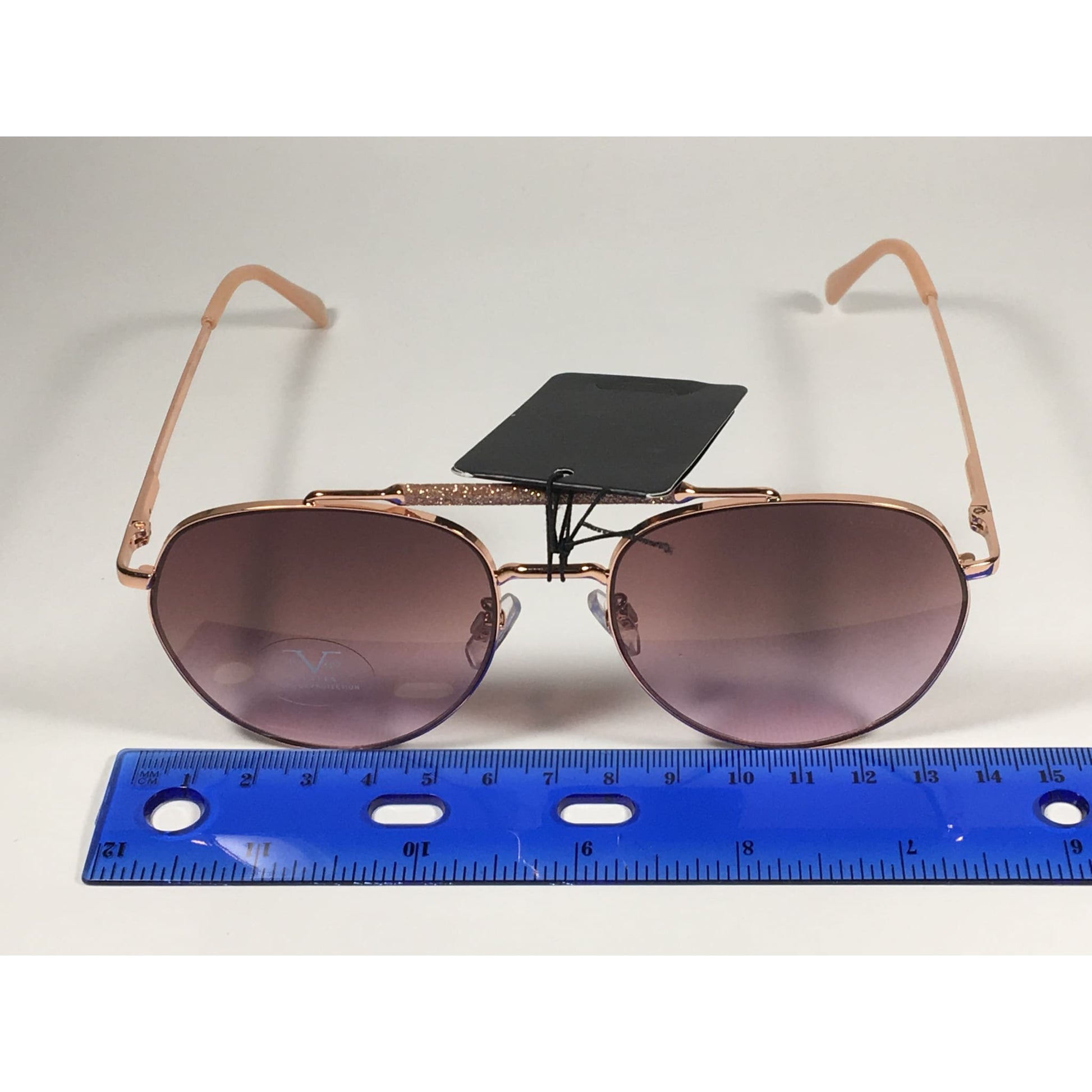 Versace 19V69 Italia Contessa Hexagonal Aviator Pilot Glitter Brow Bar Sunglasses Rose Gold Frame Brown Pink Gradient Lens - Sunglasses