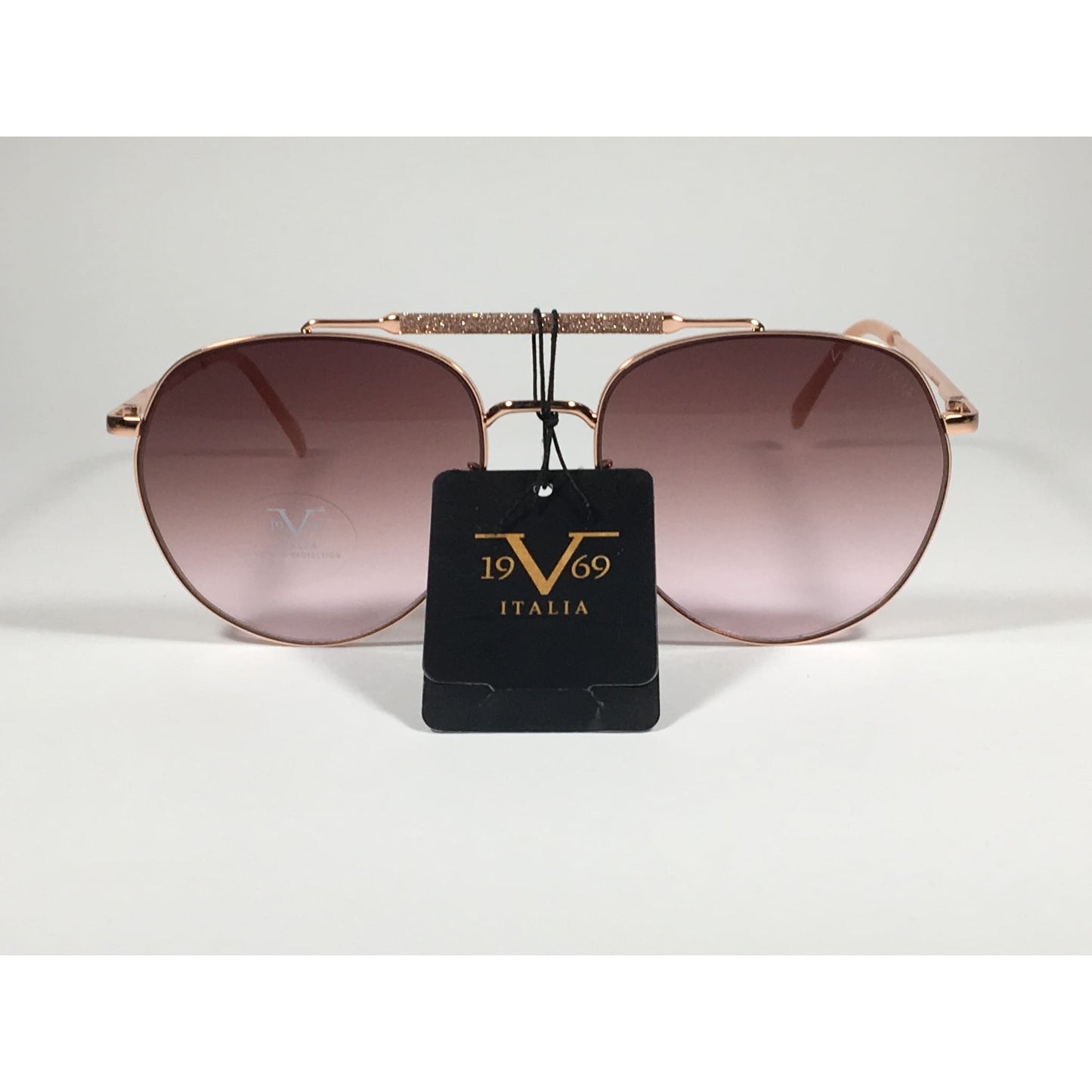 Versace 19V69 Italia Contessa Hexagonal Aviator Pilot Glitter Brow Bar Sunglasses Rose Gold Frame Brown Pink Gradient Lens - Sunglasses