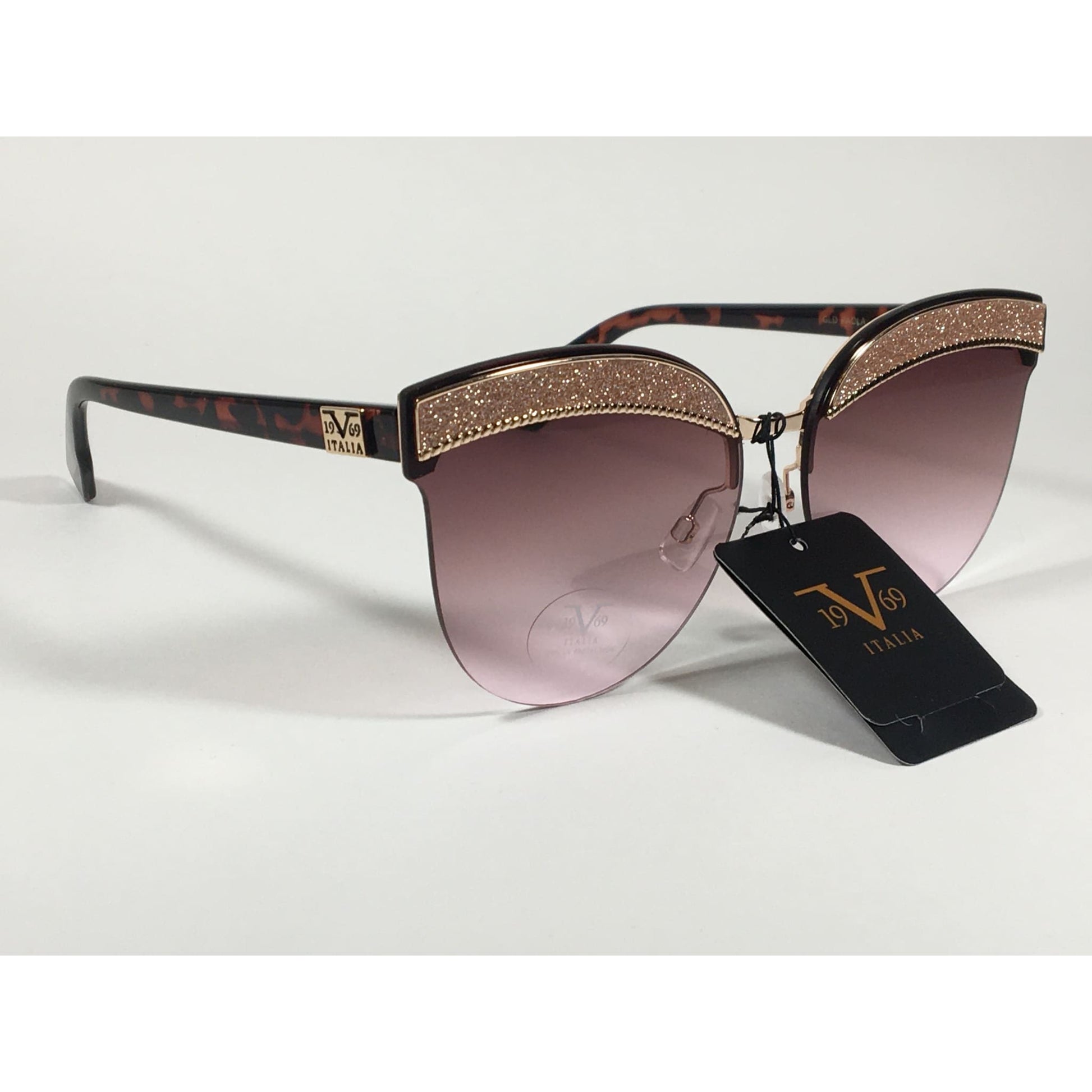 Versace 19V69 Italia Paola Rimless Cat Sunglasses Gold Glitter Brown and Pink Gradient Lens - Sunglasses