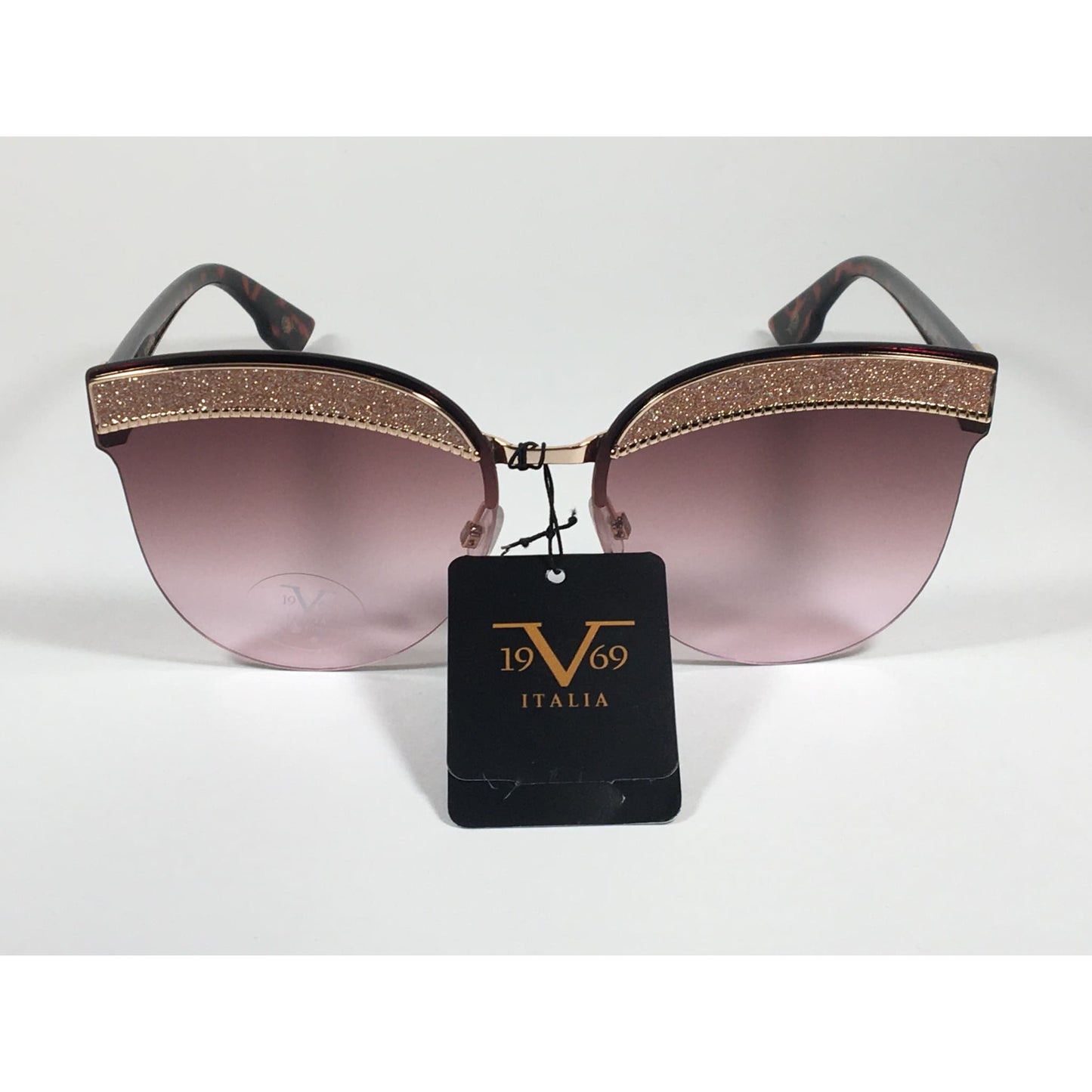 Versace 19V69 Italia Paola Rimless Cat Sunglasses Gold Glitter Brown and Pink Gradient Lens - Sunglasses